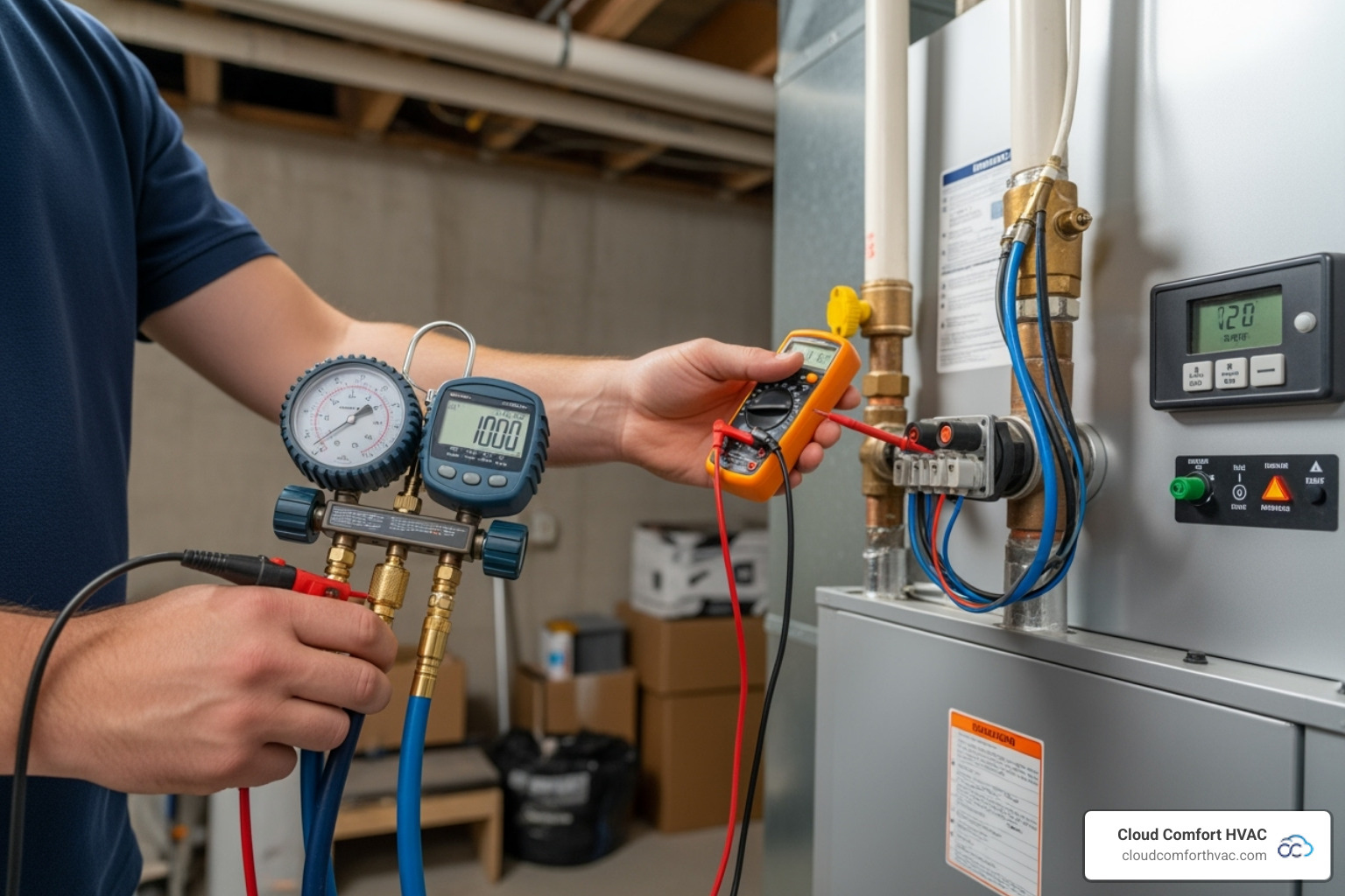 certified technician using diagnostic tools on a modern heating unit - emergency heating service estimate carson