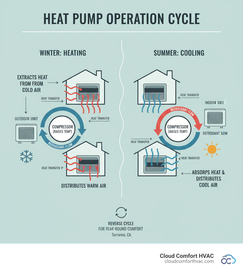 Infographic showing heat pump operation cycle with outdoor unit extracting heat from air, compressor raising temperature, indoor unit distributing warm air throughout home in winter, and reverse cycle for cooling in summer, with arrows indicating refrigerant flow and heat transfer direction - heat pump repair torrance, ca infographic 