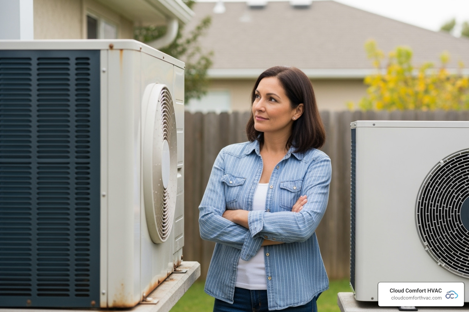 Homeowner comparing old and new heat pump units - heat pump repair torrance, ca