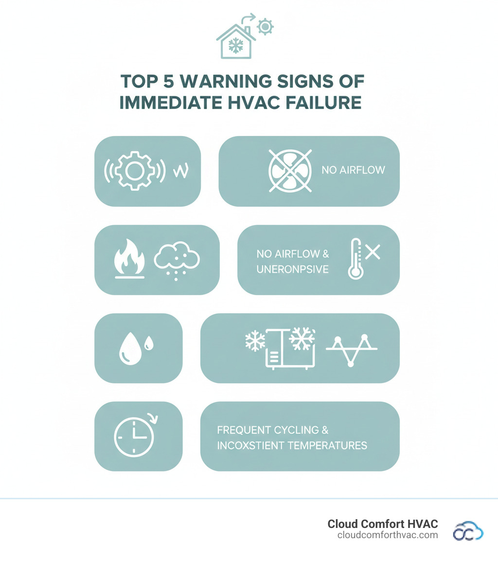 Infographic showing the top 5 warning signs of immediate HVAC failure: 1) Strange grinding, squealing, or banging noises from the unit, 2) Burning, musty, or gas-like odors coming from vents or equipment, 3) Complete system failure with no air flow or unresponsive thermostat, 4) Visible water leaks, pooling, or ice buildup on the unit, 5) Frequent cycling on and off or inability to maintain consistent temperatures - emergency hvac repair torrance, ca infographic Infographic showing the top 5 warning signs of immediate HVAC failure: 1) Strange grinding, squealing, or banging noises from the unit, 2) Burning, musty, or gas-like odors coming from vents or equipment, 3) Complete system failure with no air flow or unresponsive thermostat, 4) Visible water leaks, pooling, or ice buildup on the unit, 5) Frequent cycling on and off or inability to maintain consistent temperatures - emergency hvac repair torrance, ca infographic