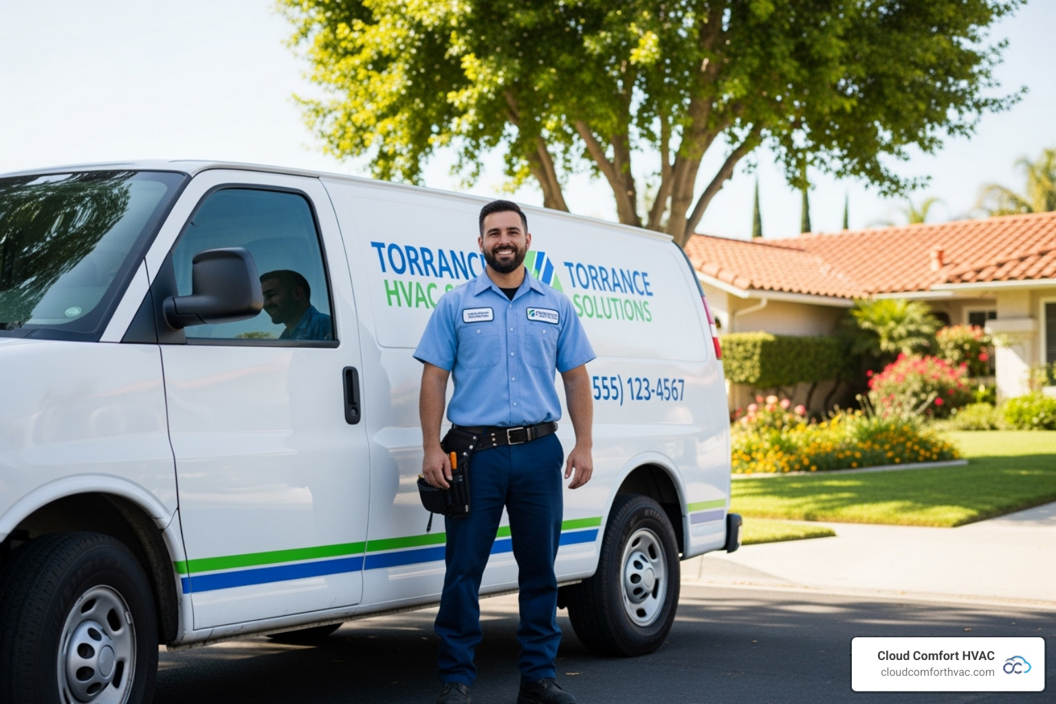 A professional, friendly HVAC technician standing next to a service van, ready to provide service - emergency hvac repair torrance, ca A professional, friendly HVAC technician standing next to a service van, ready to provide service - emergency hvac repair torrance, ca