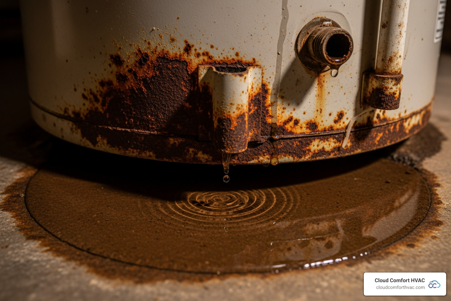 Water pooling at the base of an old, rusty water heater - water heater replacement