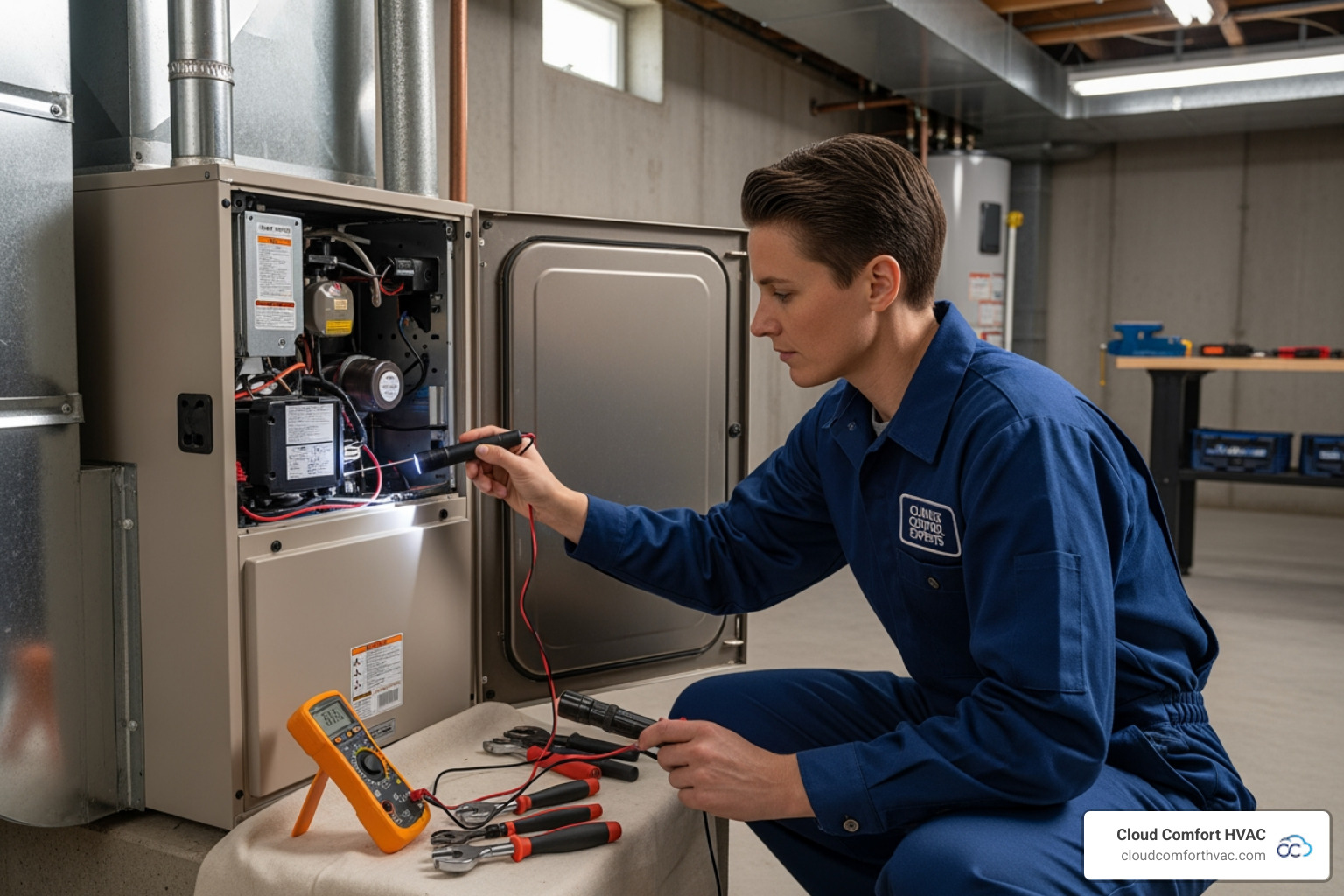 A professional HVAC technician meticulously working on a furnace in a residential basement - emergency heating repair lomita ca