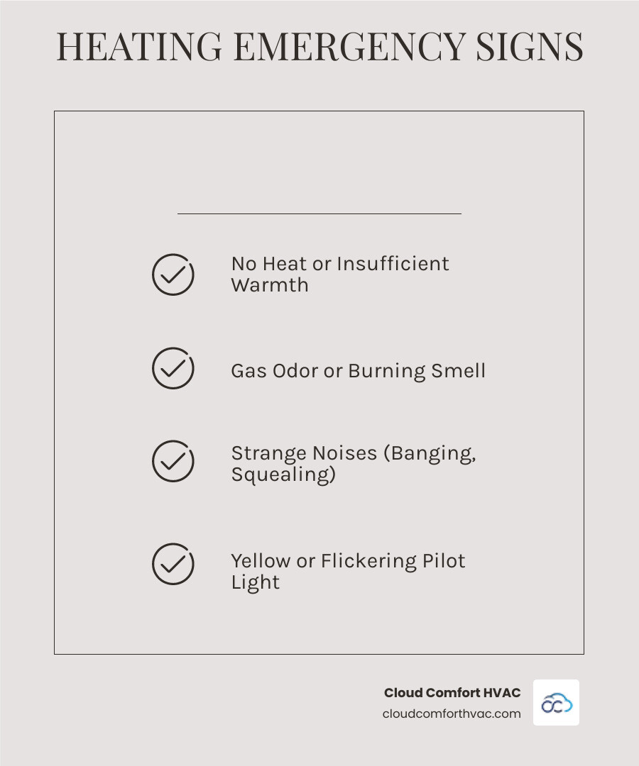 Infographic showing the top 5 signs of a heating emergency: 1. No heat or insufficient warmth from vents, 2. Strange noises like banging, rattling, or squealing from the furnace, 3. Gas odor or burning smell near the heating system, 4. Yellow or flickering pilot light instead of steady blue flame, 5. Frequent system cycling on and off without reaching temperature - emergency heating repair lomita ca infographic checklist-light-beige