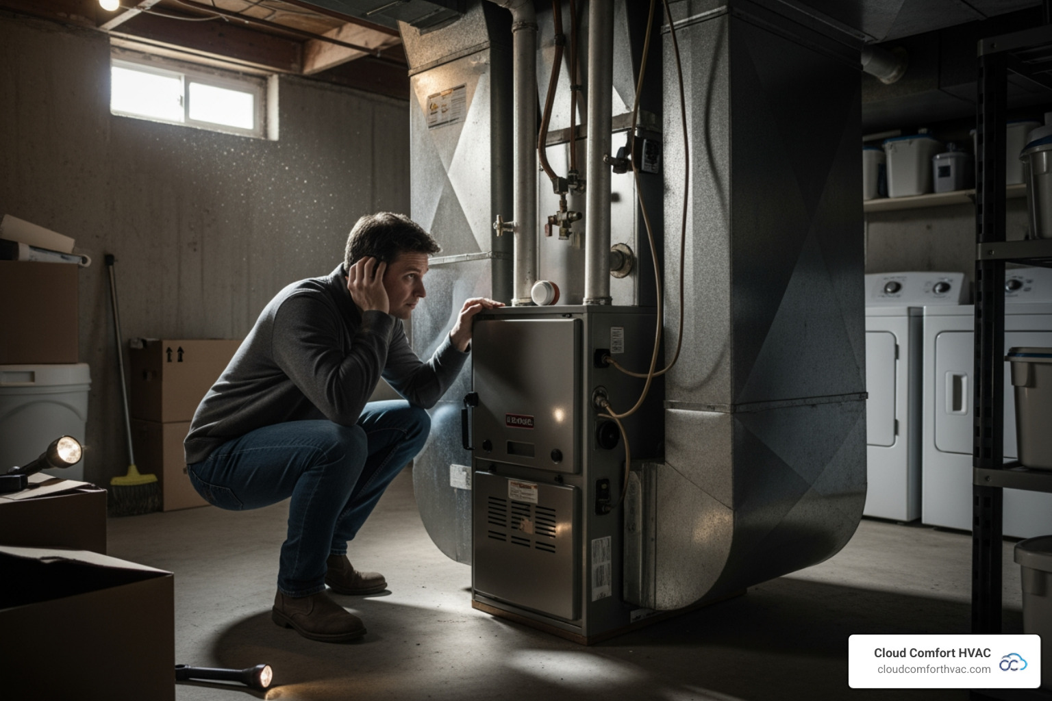 A person listening intently to a noisy furnace, looking concerned - emergency heating repair lomita ca