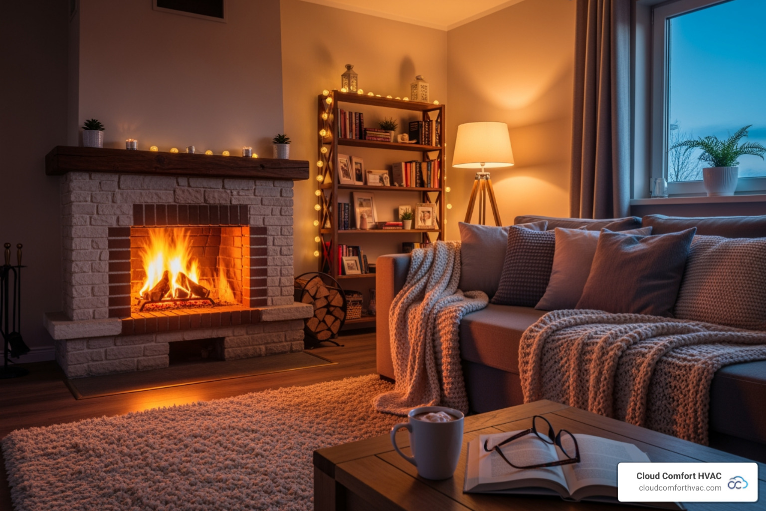 A warm, inviting living room with a crackling fireplace and cozy blankets, symbolizing comfort - emergency heating repair lomita ca