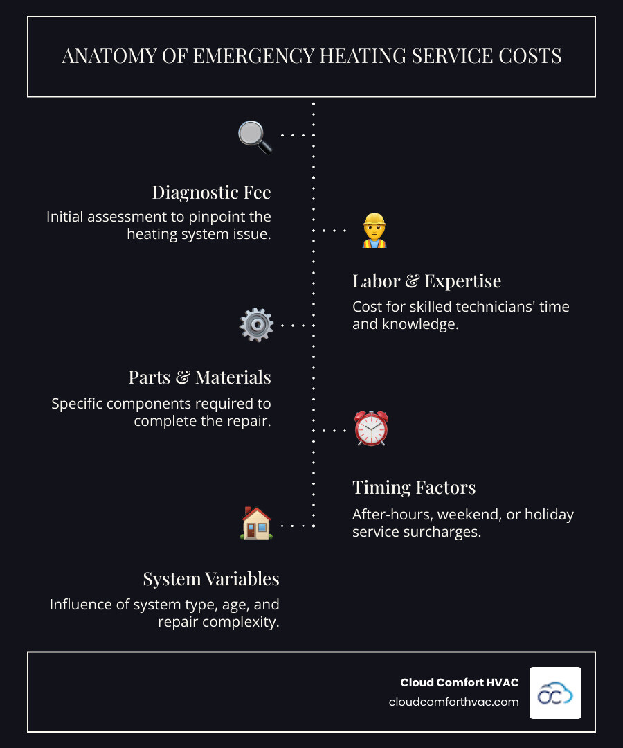Infographic showing the anatomy of emergency heating service costs: diagnostic fee at the foundation, followed by labor hours, parts and materials, and timing factors (after-hours, weekends, holidays) at the top, with system age and complexity as side factors influencing the overall structure - emergency heating service cost palos verdes infographic infographic-line-5-steps-dark Infographic showing the anatomy of emergency heating service costs: diagnostic fee at the foundation, followed by labor hours, parts and materials, and timing factors (after-hours, weekends, holidays) at the top, with system age and complexity as side factors influencing the overall structure - emergency heating service cost palos verdes infographic infographic-line-5-steps-dark