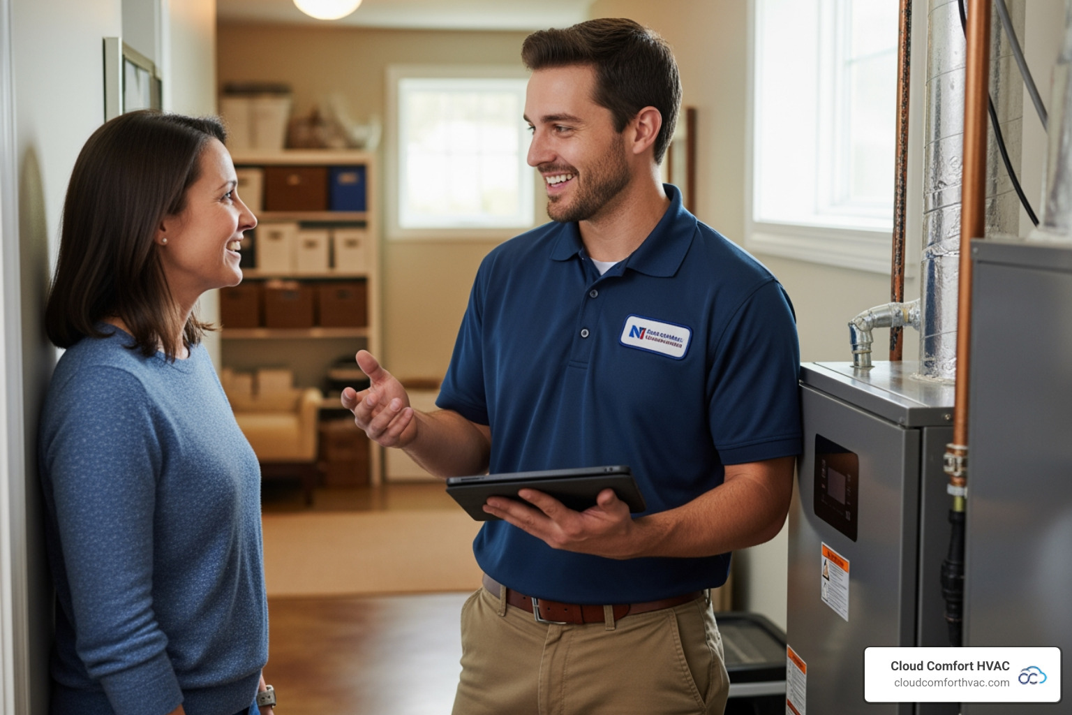 Friendly technician talking to a homeowner in Palos Verdes, emphasizing local service. - emergency heating service cost palos verdes Friendly technician talking to a homeowner in Palos Verdes, emphasizing local service. - emergency heating service cost palos verdes
