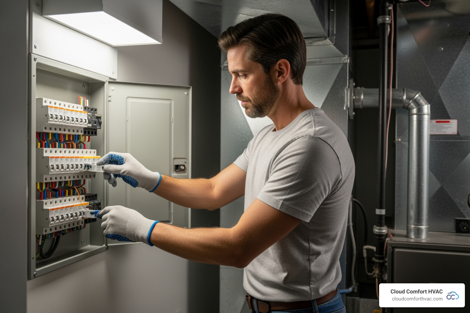 Homeowner safely turning off a furnace breaker, emphasizing safety first. - emergency heating service cost palos verdes Homeowner safely turning off a furnace breaker, emphasizing safety first. - emergency heating service cost palos verdes