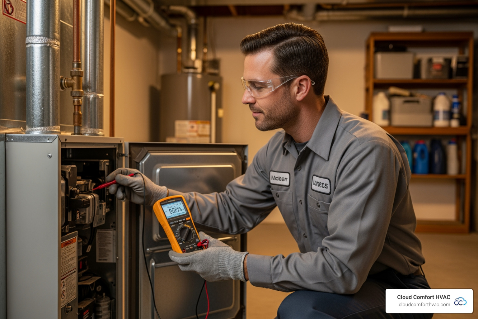 HVAC technician diagnosing a furnace in a home, highlighting transparent service. - emergency heating service cost palos verdes HVAC technician diagnosing a furnace in a home, highlighting transparent service. - emergency heating service cost palos verdes