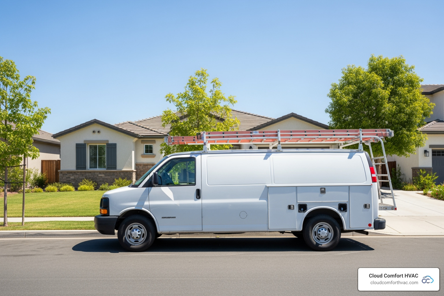 A professional HVAC service van parked in front of a residential home in a sunny Torrance neighborhood - emergency heating service estimate torrance