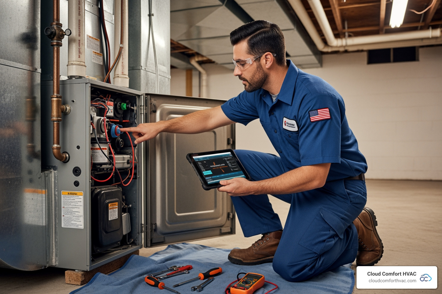 A professional HVAC technician inspecting a furnace unit inside a home - emergency heating service estimate torrance
