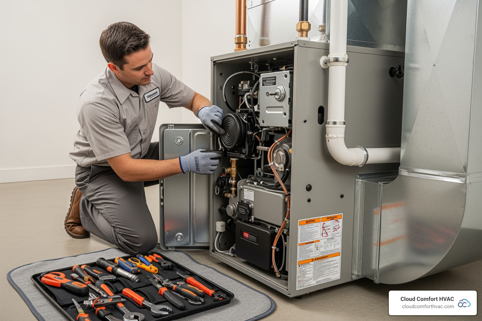 A professional technician in a clean uniform carefully working on the internal components of a new furnace installation - furnace installation in carson ca A professional technician in a clean uniform carefully working on the internal components of a new furnace installation - furnace installation in carson ca