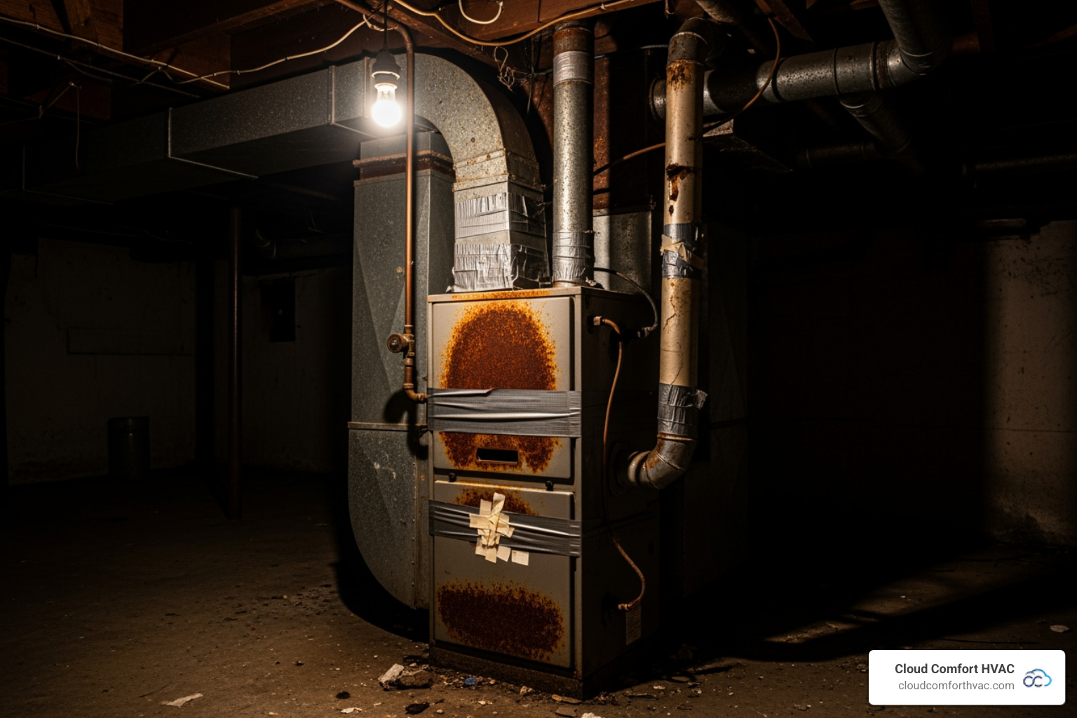 An old, inefficient-looking furnace with visible rust and duct tape in a dimly lit basement - furnace installation in carson ca An old, inefficient-looking furnace with visible rust and duct tape in a dimly lit basement - furnace installation in carson ca