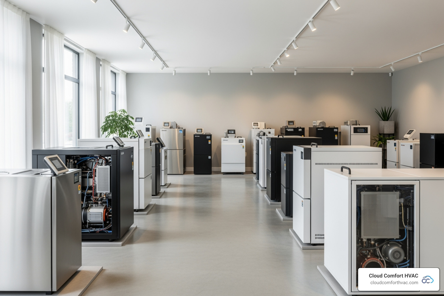 Modern, clean furnaces of various types neatly arranged in a showroom setting - furnace installation in carson ca Modern, clean furnaces of various types neatly arranged in a showroom setting - furnace installation in carson ca