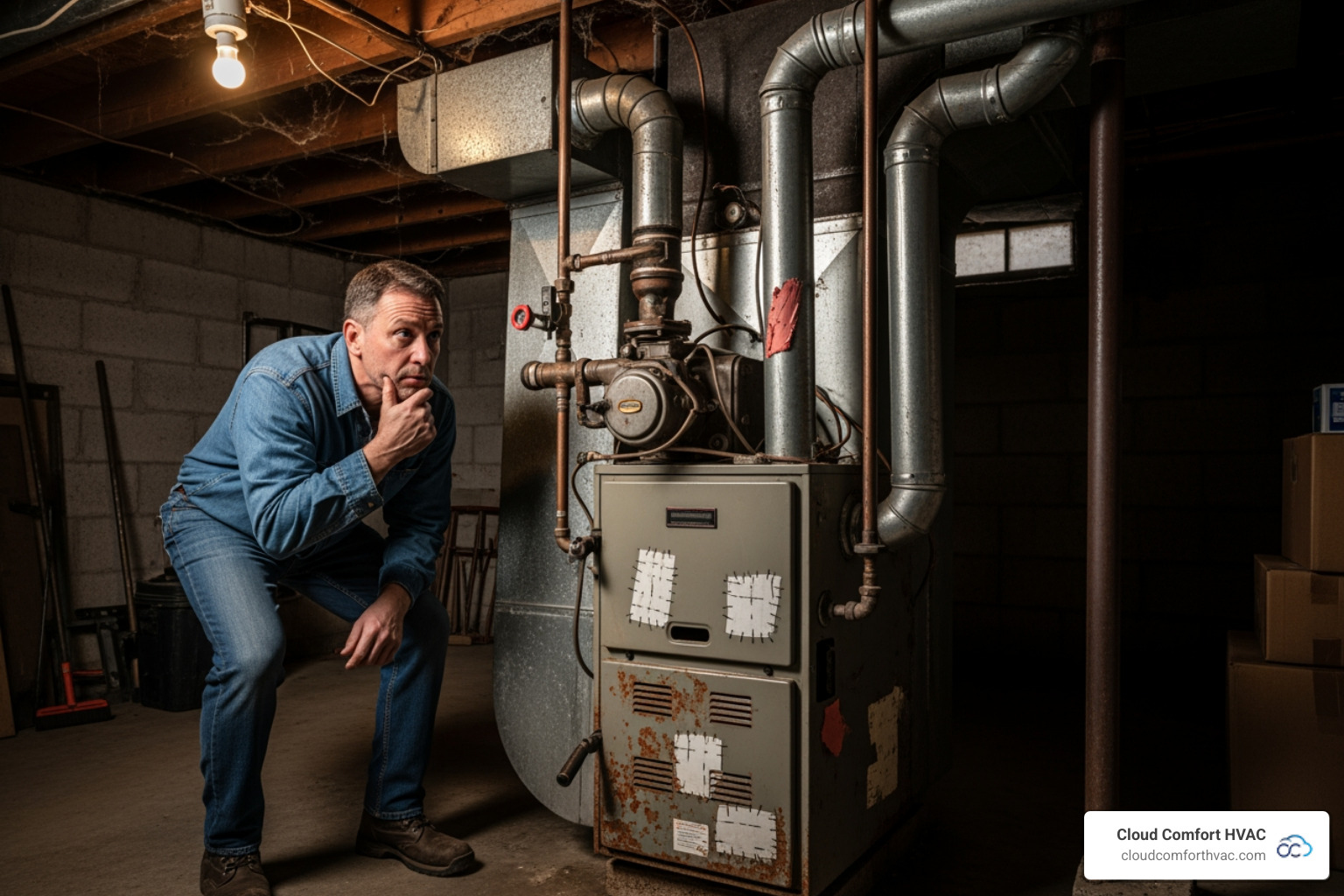 Homeowner looking concerned at an old furnace - furnace installation in harbor city ca Homeowner looking concerned at an old furnace - furnace installation in harbor city ca