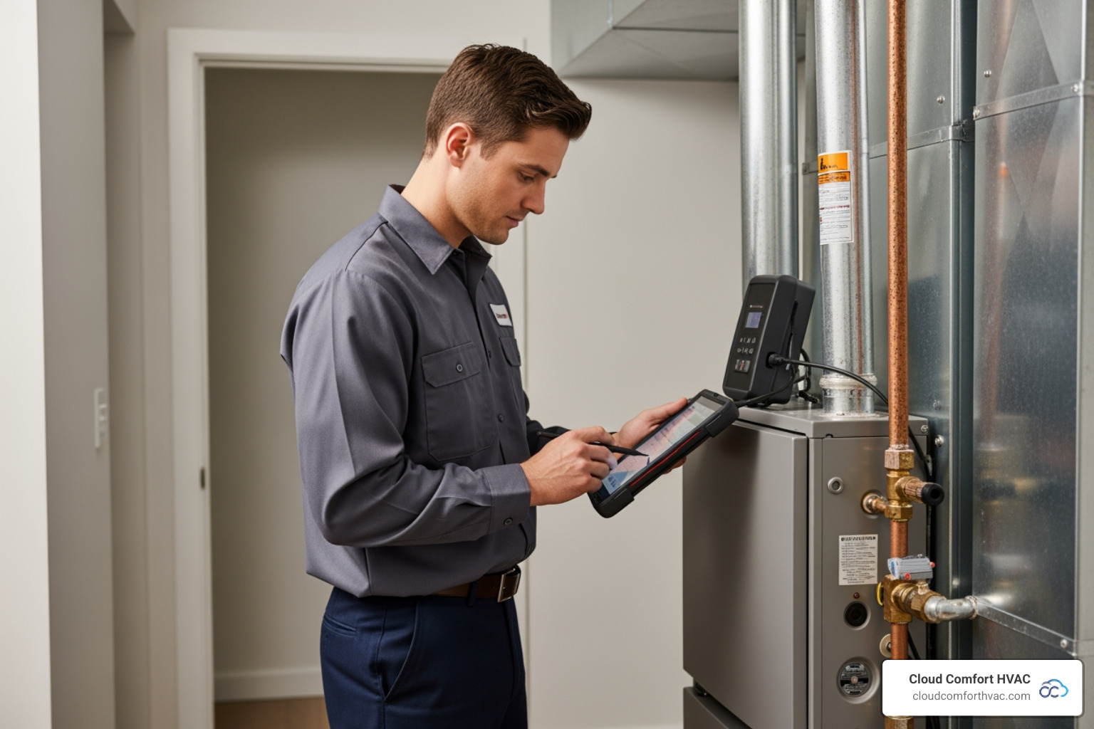 Technician performing a quality check on a new furnace installation - furnace installation in harbor city ca Technician performing a quality check on a new furnace installation - furnace installation in harbor city ca