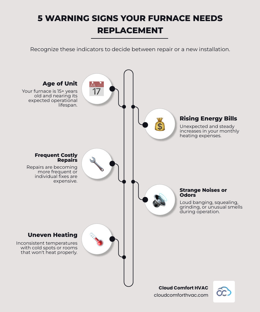 infographic showing 5 warning signs your furnace needs replacement: unit is 15+ years old, energy bills increasing steadily, repairs costing more than half of replacement, strange noises or odors during operation, uneven heating or cold spots throughout home - furnace installation estimate lomita infographic infographic-line-5-steps-elegant_beige infographic showing 5 warning signs your furnace needs replacement: unit is 15+ years old, energy bills increasing steadily, repairs costing more than half of replacement, strange noises or odors during operation, uneven heating or cold spots throughout home - furnace installation estimate lomita infographic infographic-line-5-steps-elegant_beige