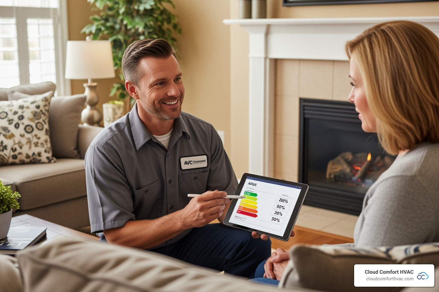 A friendly HVAC technician explaining furnace efficiency ratings on a tablet to a homeowner in a well-lit living room - furnace installation in manhattan beach ca A friendly HVAC technician explaining furnace efficiency ratings on a tablet to a homeowner in a well-lit living room - furnace installation in manhattan beach ca
