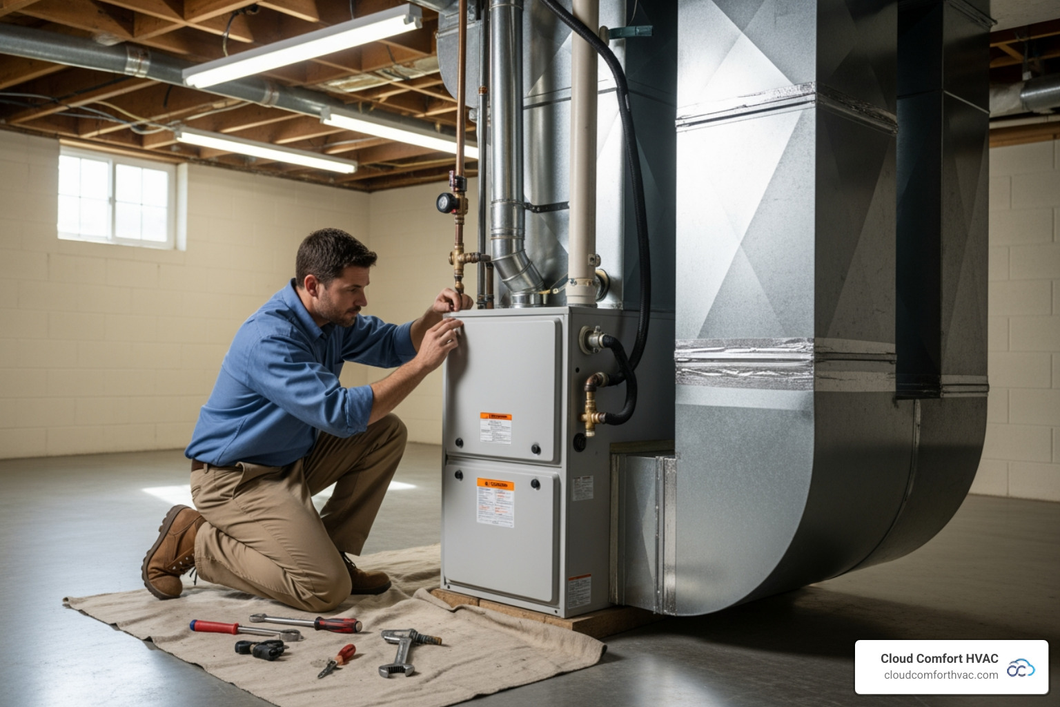 A professional HVAC technician meticulously installing a new furnace, ensuring all connections are secure and the area is kept clean - furnace installation in manhattan beach ca A professional HVAC technician meticulously installing a new furnace, ensuring all connections are secure and the area is kept clean - furnace installation in manhattan beach ca