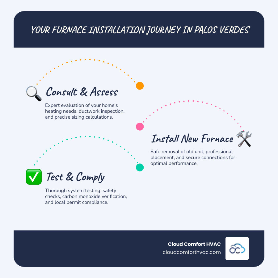 Infographic showing the step-by-step furnace installation process in Palos Verdes, CA, including initial home assessment and sizing calculation, selecting the right furnace type for coastal climate, professional installation with proper ductwork connection and gas hookups, final safety testing and permit compliance, and ongoing annual maintenance schedule with filter changes - furnace installation in palos verdes ca infographic infographic-line-3-steps-blues-accent_colors