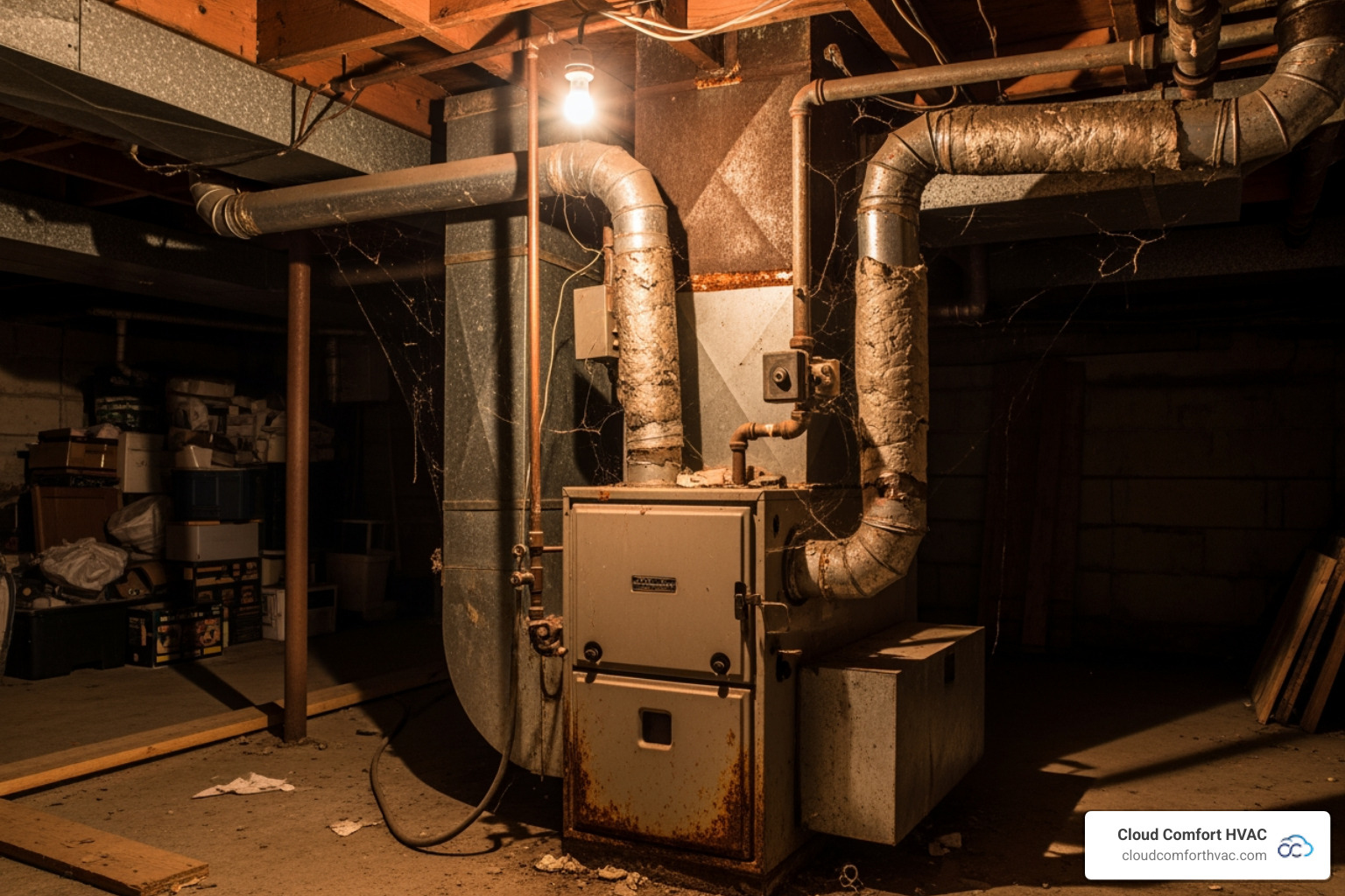 An old, inefficient-looking furnace in a dimly lit basement - furnace installation in palos verdes ca