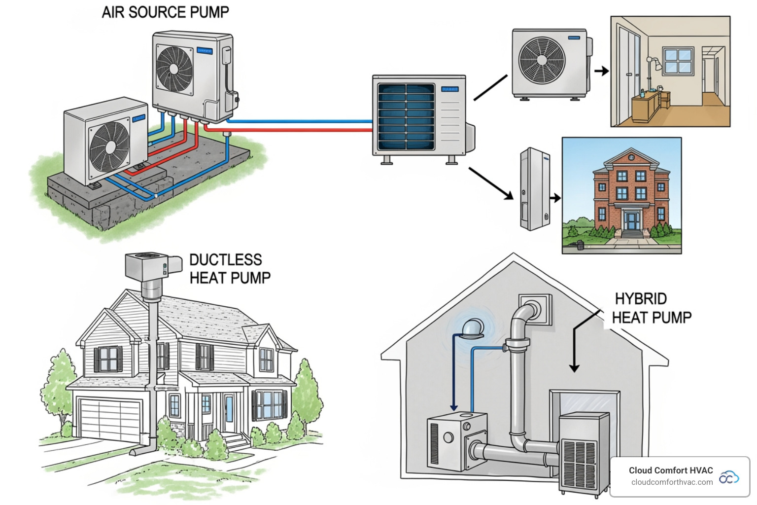 showing diagrams of an air-source, ductless mini-split, and hybrid heat pump system - heat pump installation service