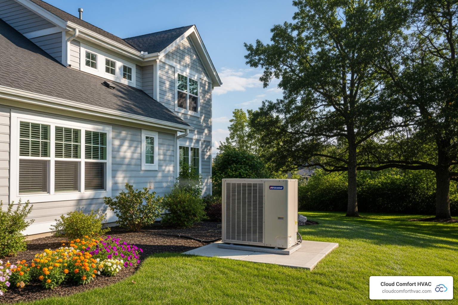 of a clean outdoor heat pump unit next to a well-maintained home - heat pump installation service