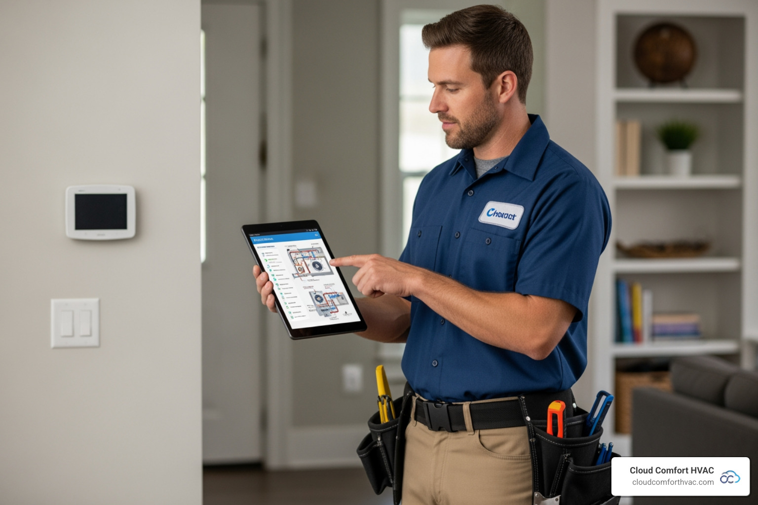 of a technician using a tablet to perform a home assessment - heat pump installation service