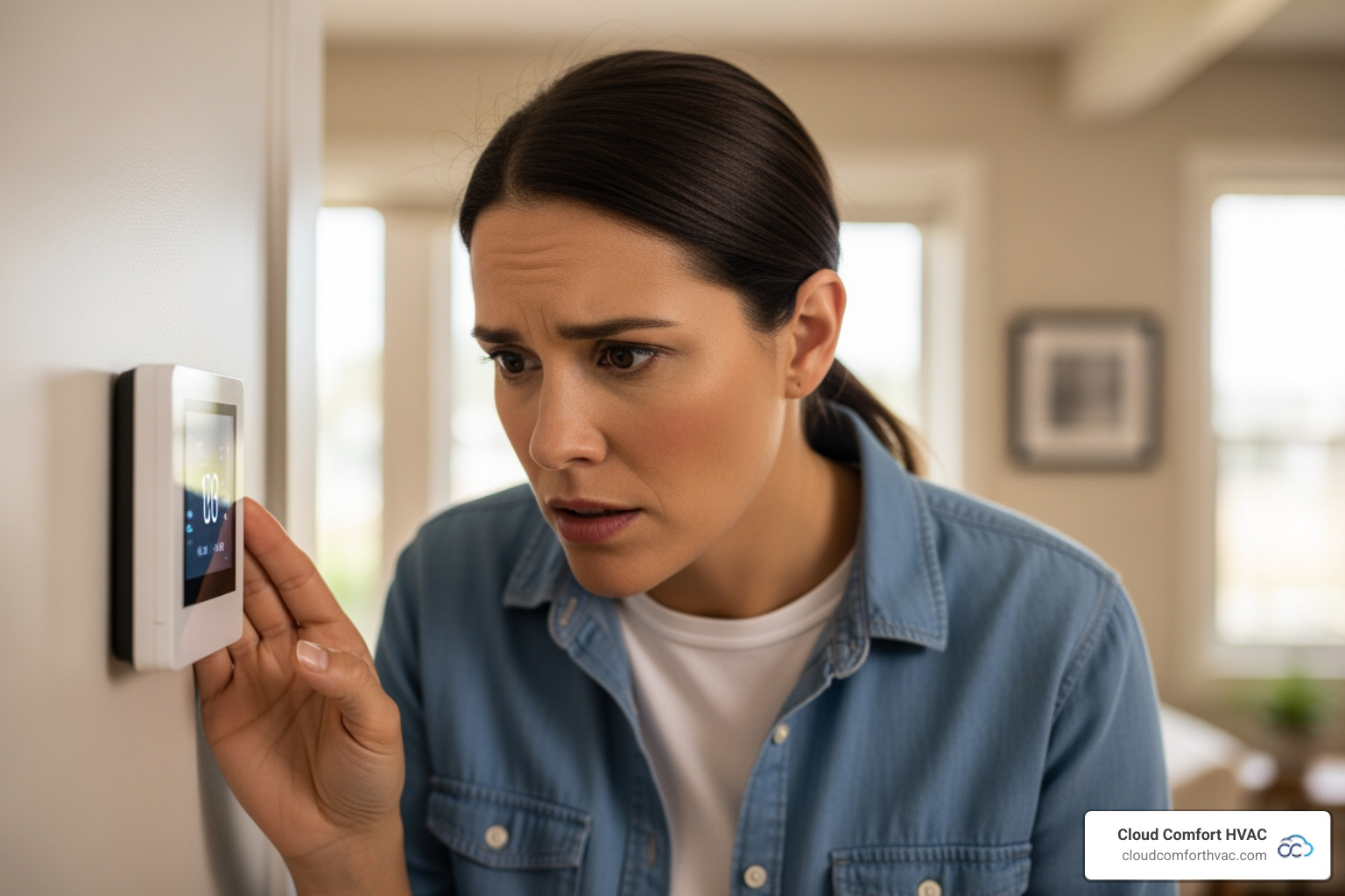 image of a homeowner looking concerned at their thermostat - heating maintenance reviews torrance