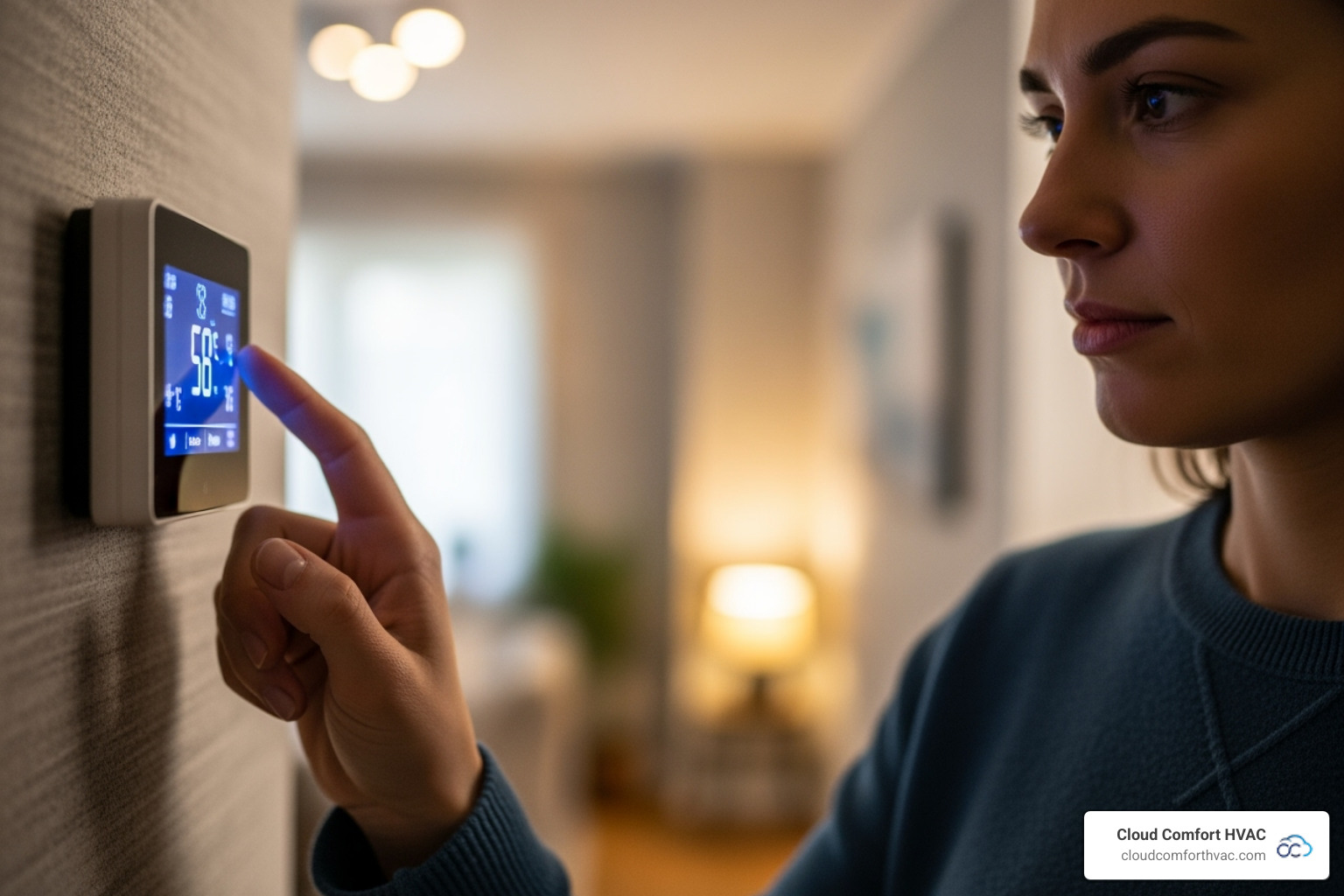 A person checking a thermostat, adjusting the settings with their hand. - home AC repair A person checking a thermostat, adjusting the settings with their hand. - home AC repair