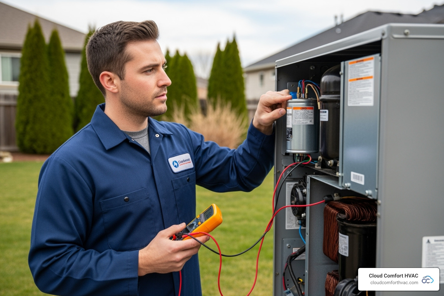 A technician pointing to a capacitor on an AC unit, explaining its function. - home AC repair A technician pointing to a capacitor on an AC unit, explaining its function. - home AC repair