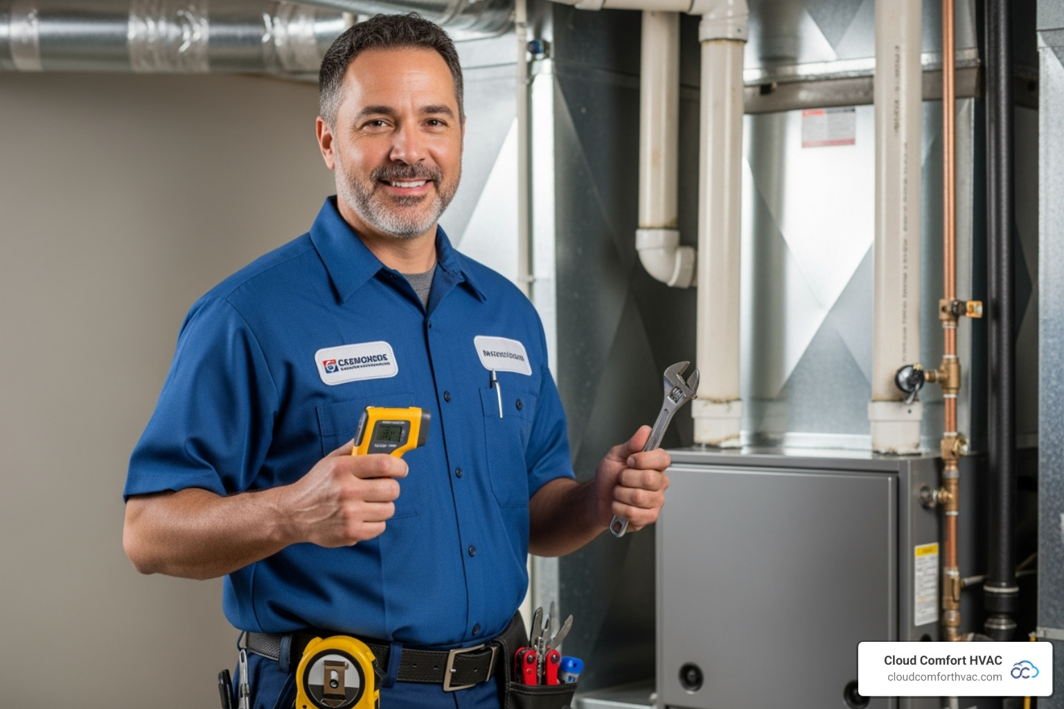 A friendly, professional technician with tools, smiling and ready to help. - home AC repair A friendly, professional technician with tools, smiling and ready to help. - home AC repair