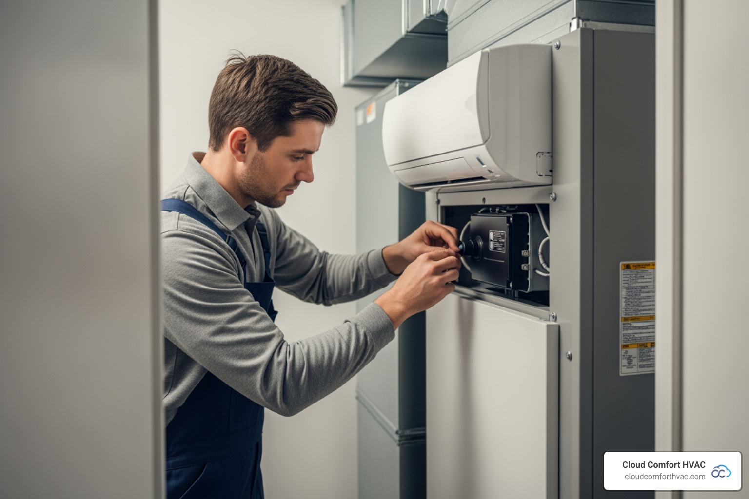 infographic showing the HVAC installation process from initial home assessment and load calculation through equipment selection, permit acquisition, old system removal, new system installation including indoor and outdoor units, ductwork connection, electrical and refrigerant line setup, system testing and calibration, and final homeowner walkthrough - Install new HVAC