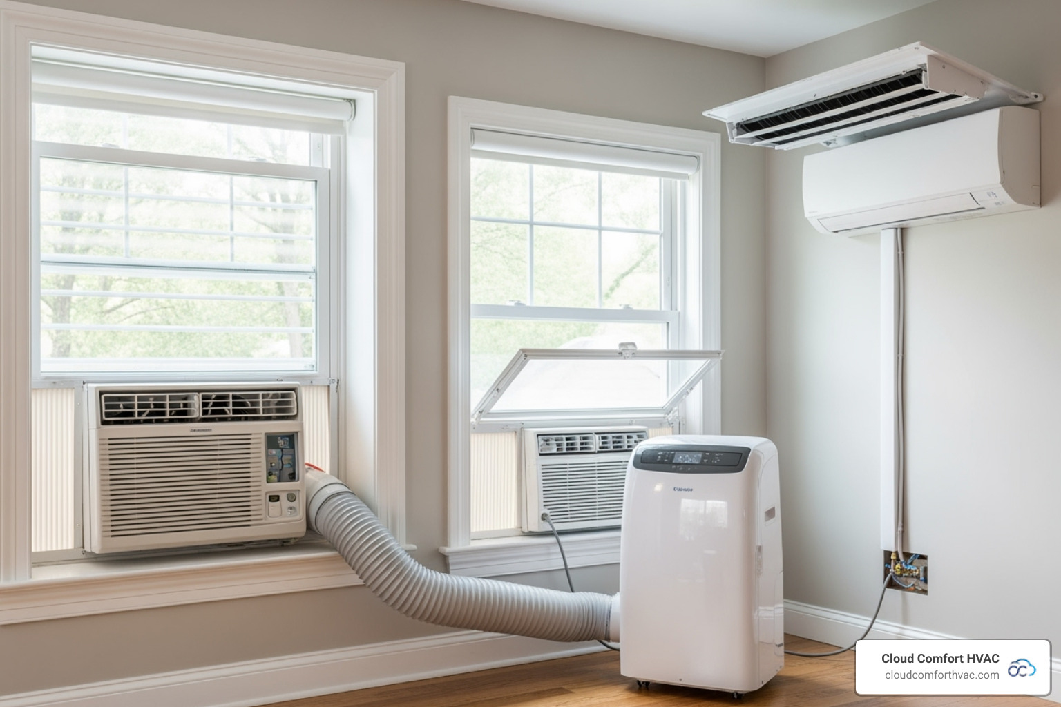 Image showing the three main types of room ACs: a window unit, a portable unit, and a ductless mini-split - High rated AC