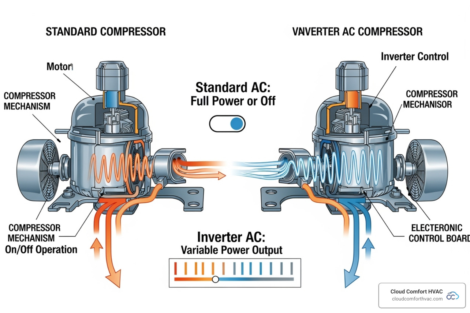 Graphic illustrating how an inverter compressor works compared to a standard one - High rated AC