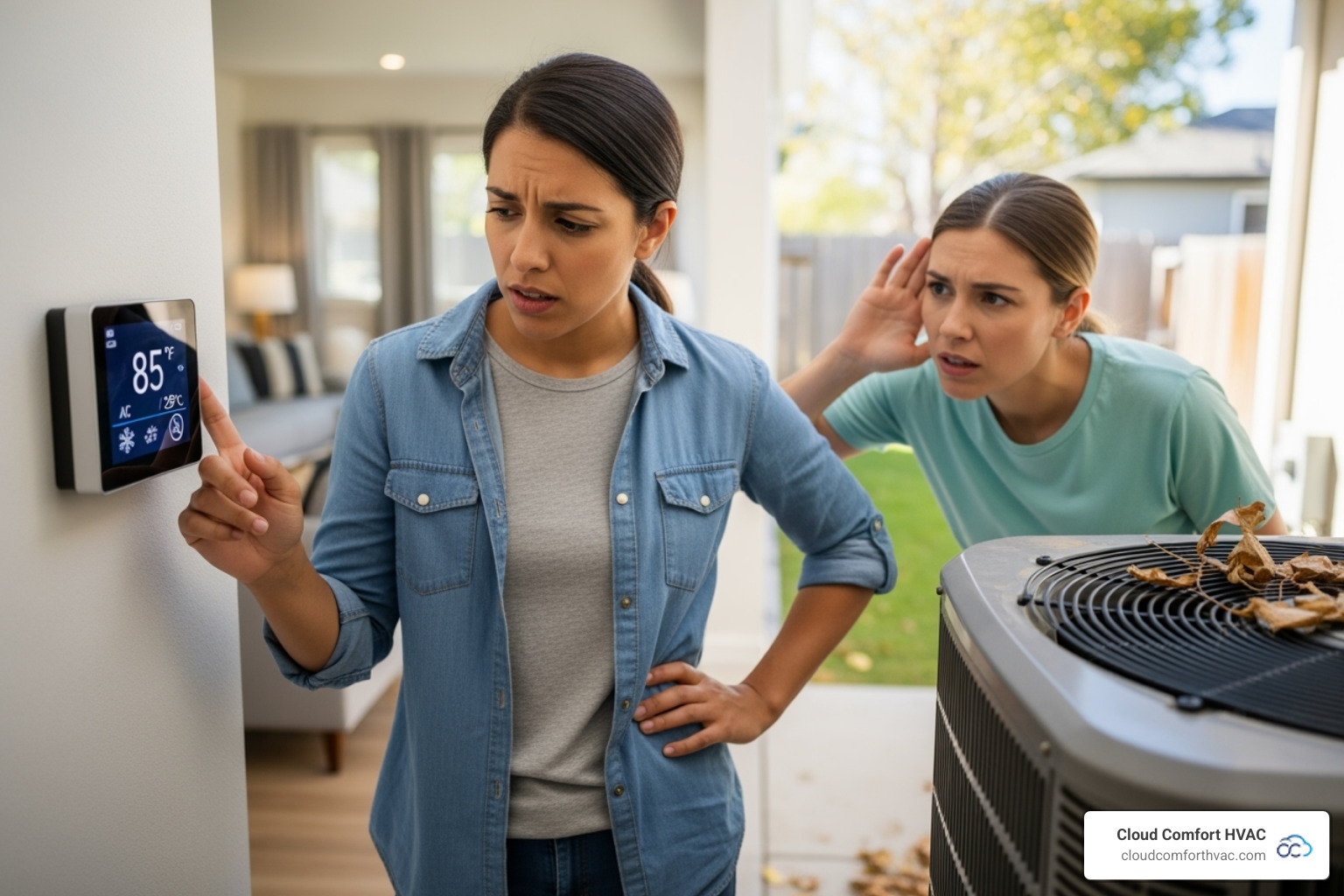 A person looking concerned at their thermostat or listening to a noisy outdoor AC unit - ac maintenance torrance