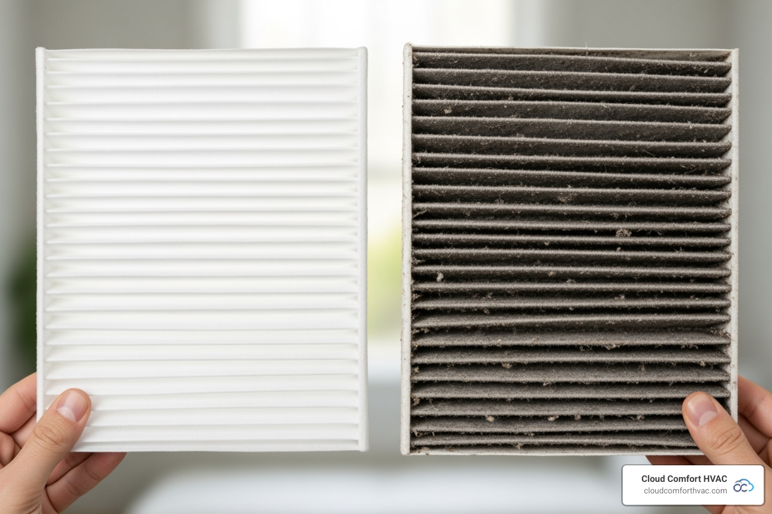 A clean air filter held next to a dirty, clogged one - ac maintenance torrance