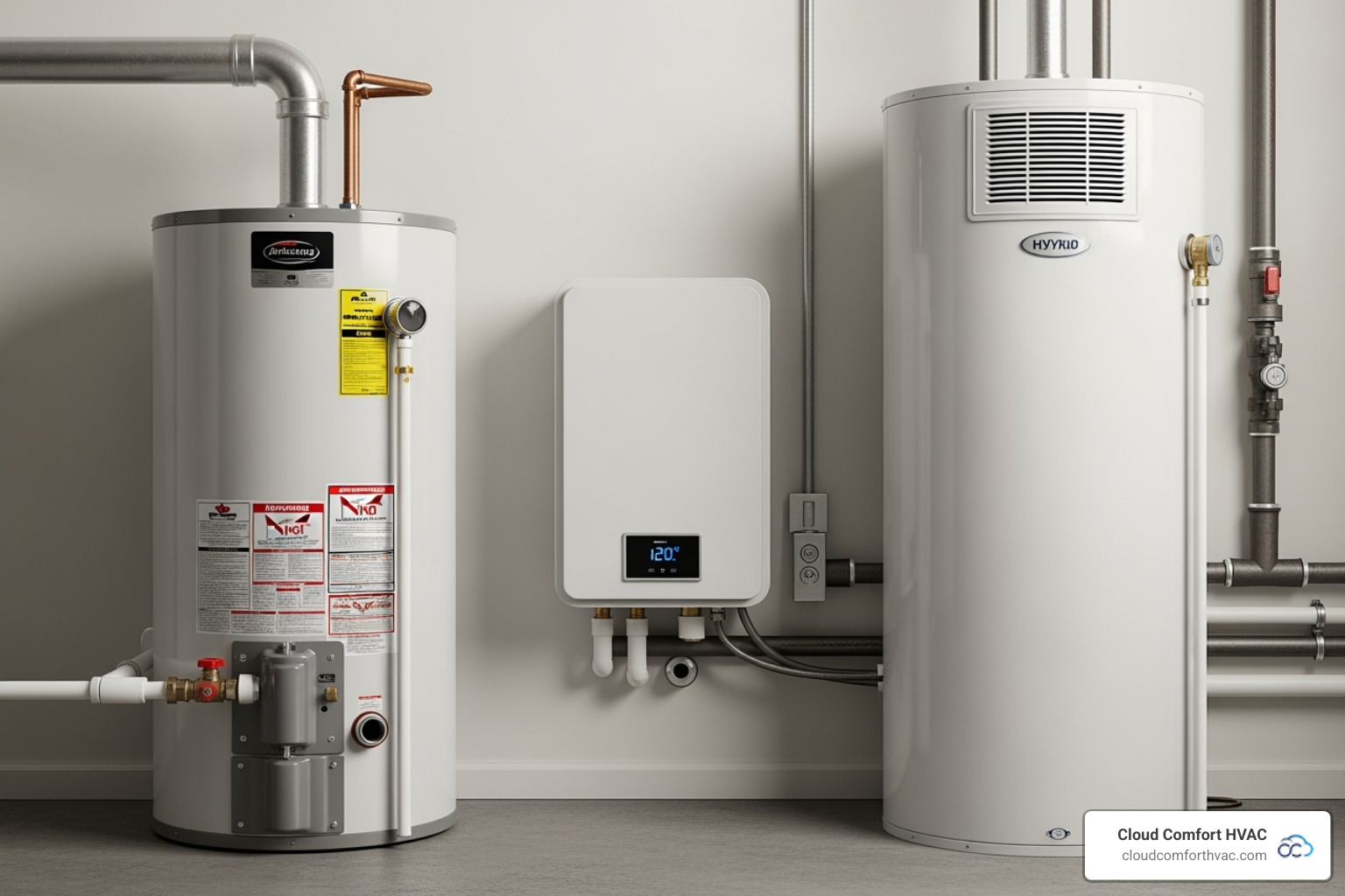 side-by-side comparison of a tank, tankless, and hybrid water heater - water heater replacement torrance