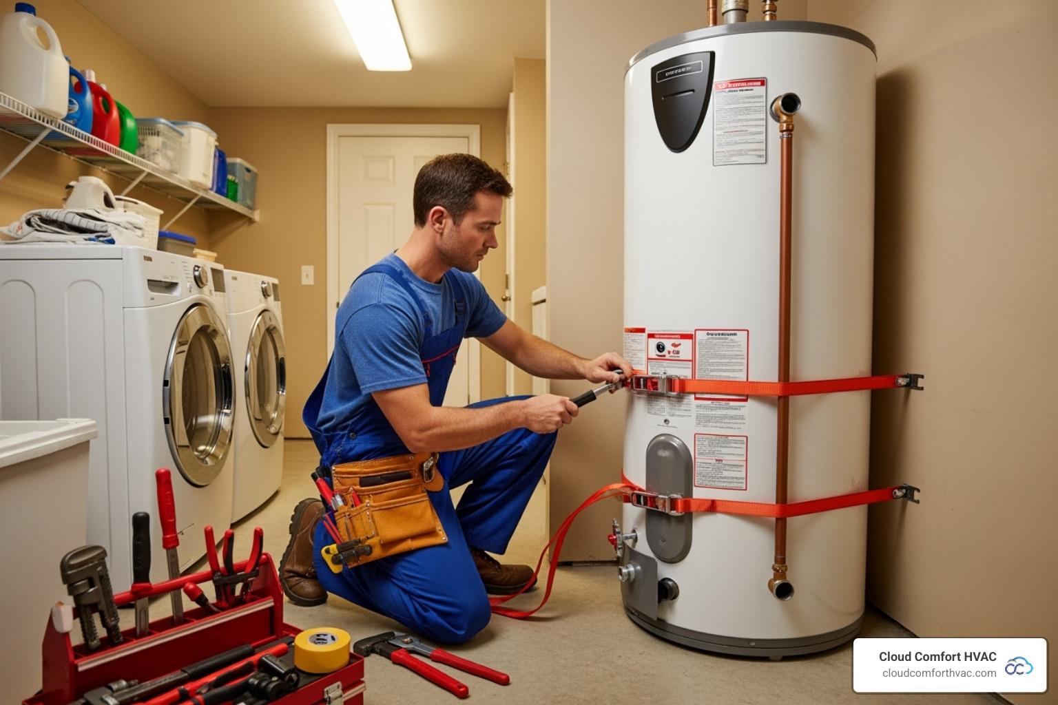 professional plumber installing a new water heater with proper earthquake straps - water heater replacement torrance