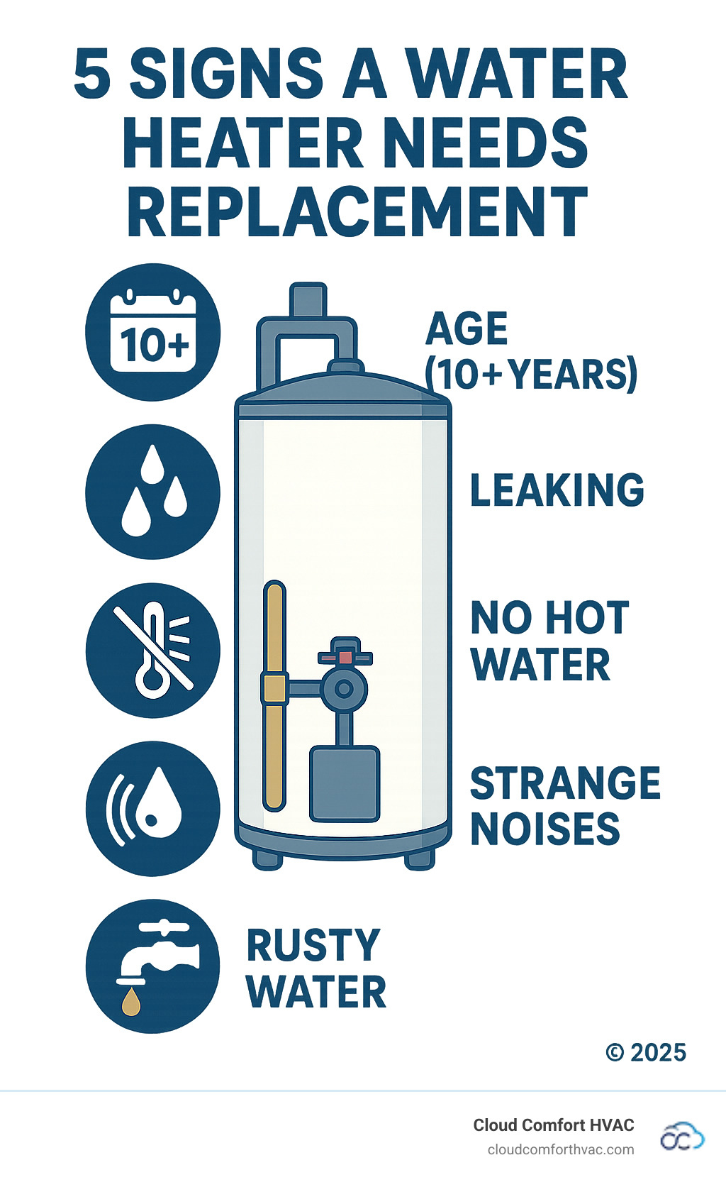 Infographic showing 5 key signs a water heater needs replacement: Age (10+ years), Leaking, No hot water, Strange noises, and Rusty water. - water heater replacement torrance infographic 
