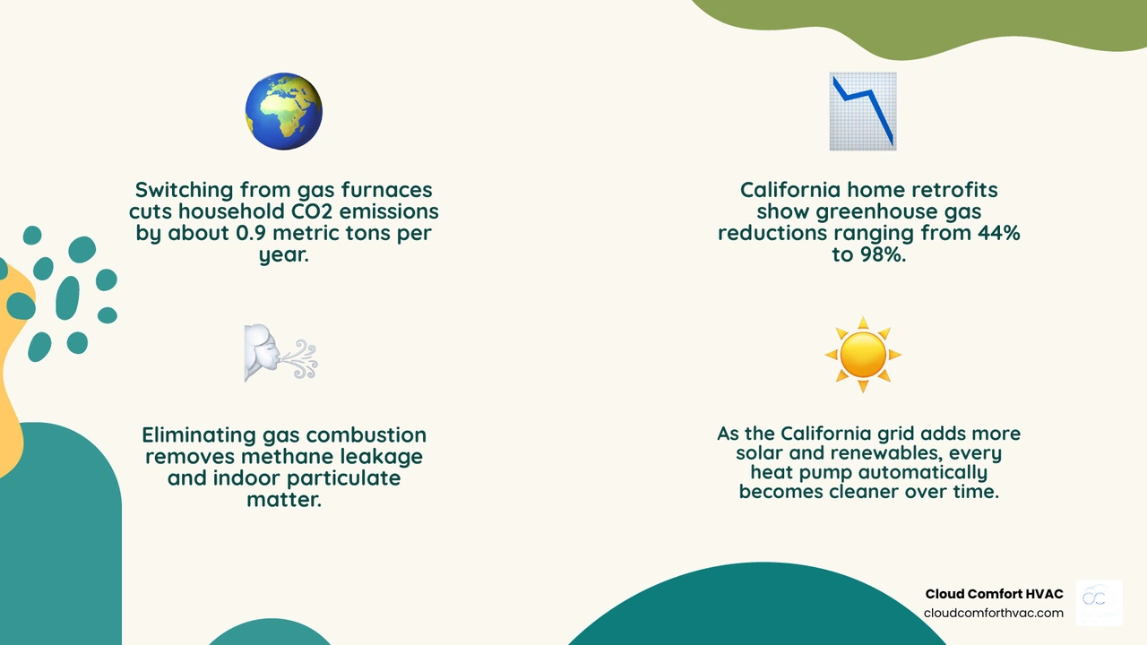 Infographic showing top environmental benefits of heat pumps in California: emissions reduction, efficiency ratings, indoor