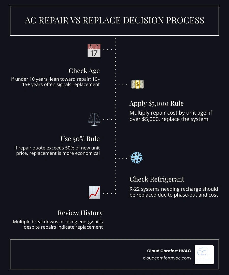 AC repair vs replace decision guide infographic showing age thresholds, cost rules, and replacement signals infographic