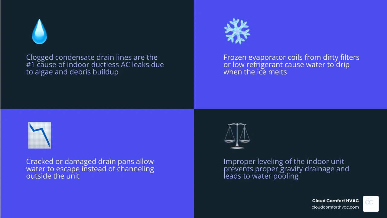 Infographic showing 5 common causes of ductless AC indoor water leaks with drainage diagram infographic