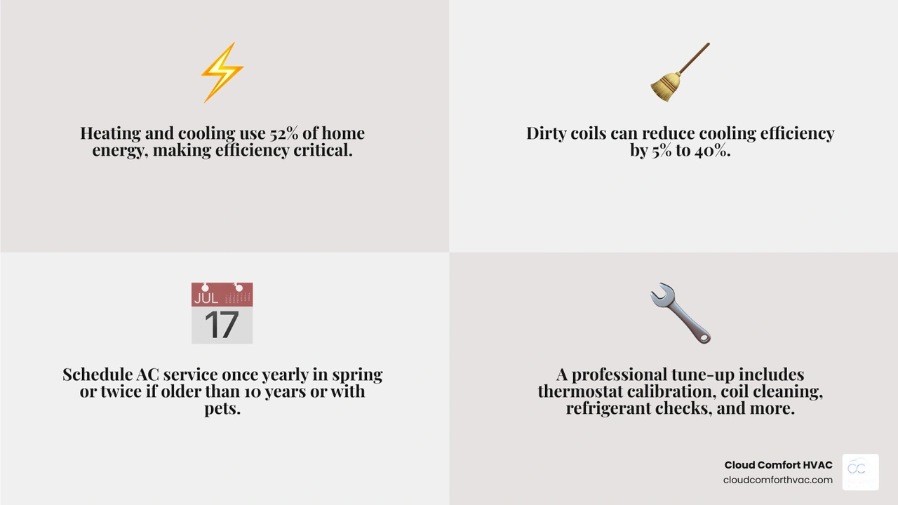 Infographic showing AC service checklist, scheduling frequency, and key benefits like energy savings and extended system