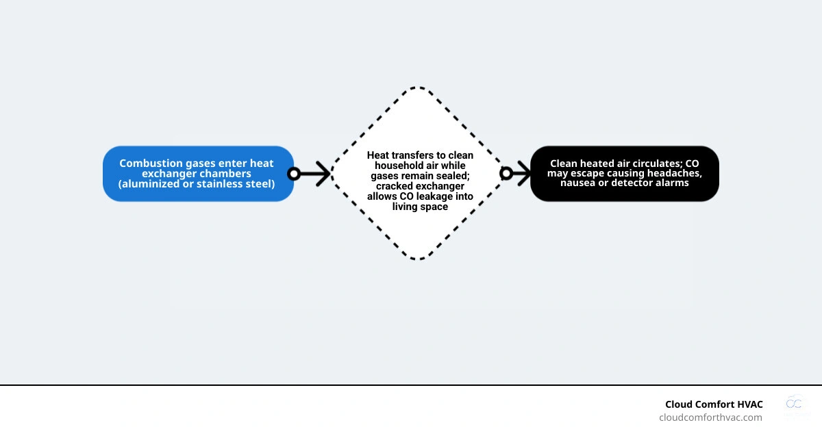 Infographic showing heat exchanger airflow, combustion gas separation, cracked heat exchanger symptoms, and CO safety risks