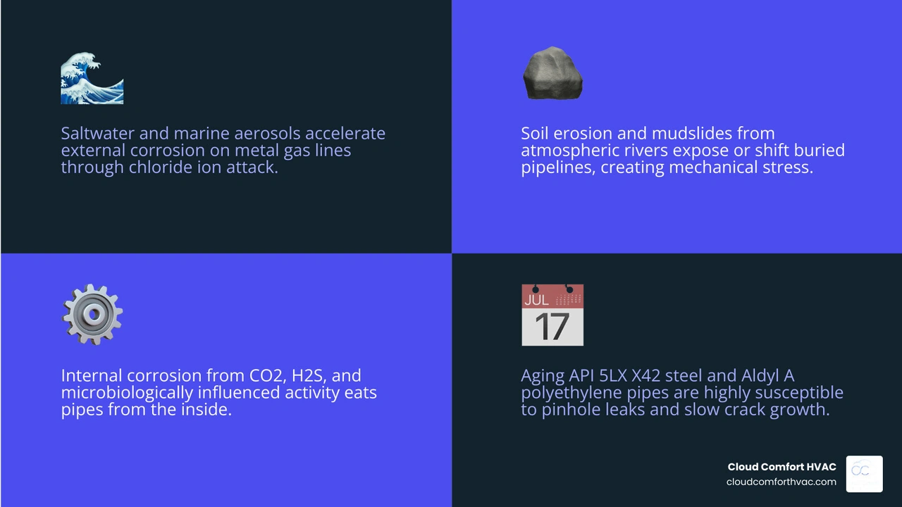 Infographic showing the top causes of coastal Southern California gas line failures including corrosion, soil movement