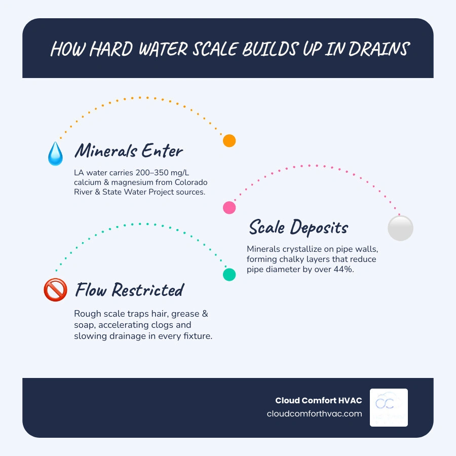 Infographic showing how hard water minerals deposit inside residential drain pipes, narrowing flow and accelerating clogs