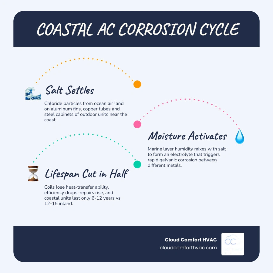 Coastal AC corrosion cycle from salt air exposure to component failure and shortened lifespan infographic