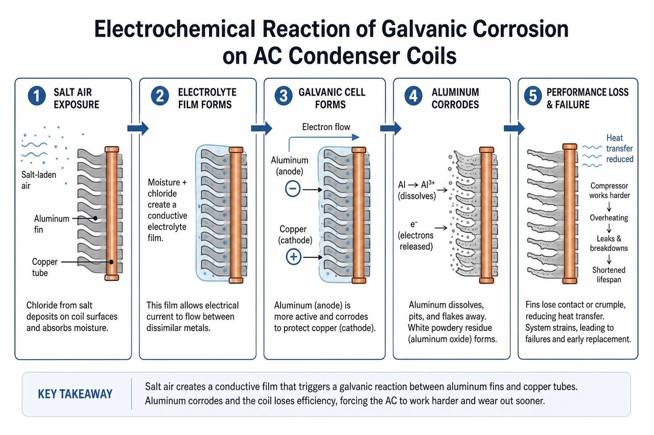Electrochemical reaction of galvanic corrosion on AC condenser coils